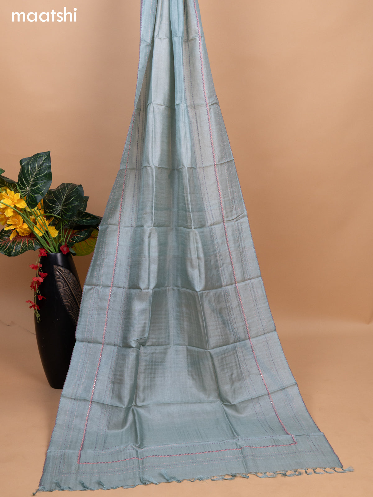 Pastel Blue Pure Tussar Dress Material With Allover Floral Embroidery Work