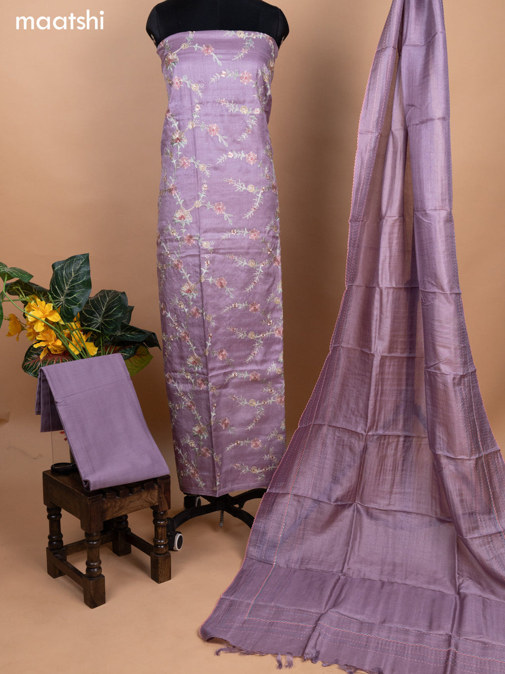Pastel Lavender Pure Tussar Dress Material With Allover Floral Embroidery Work