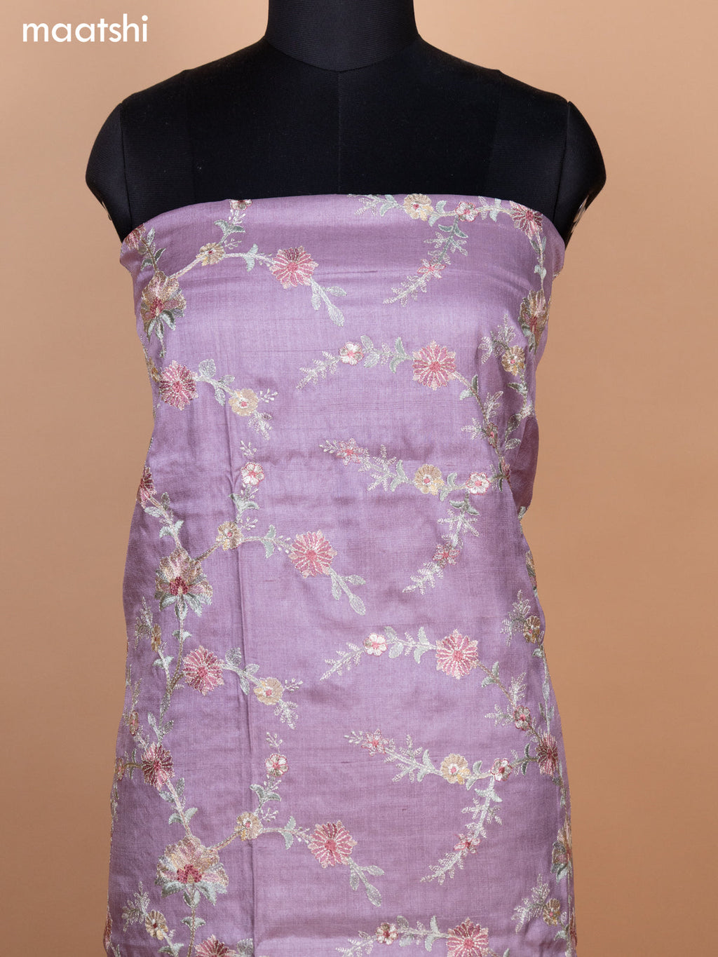 Pastel Lavender Pure Tussar Dress Material With Allover Floral Embroidery Work