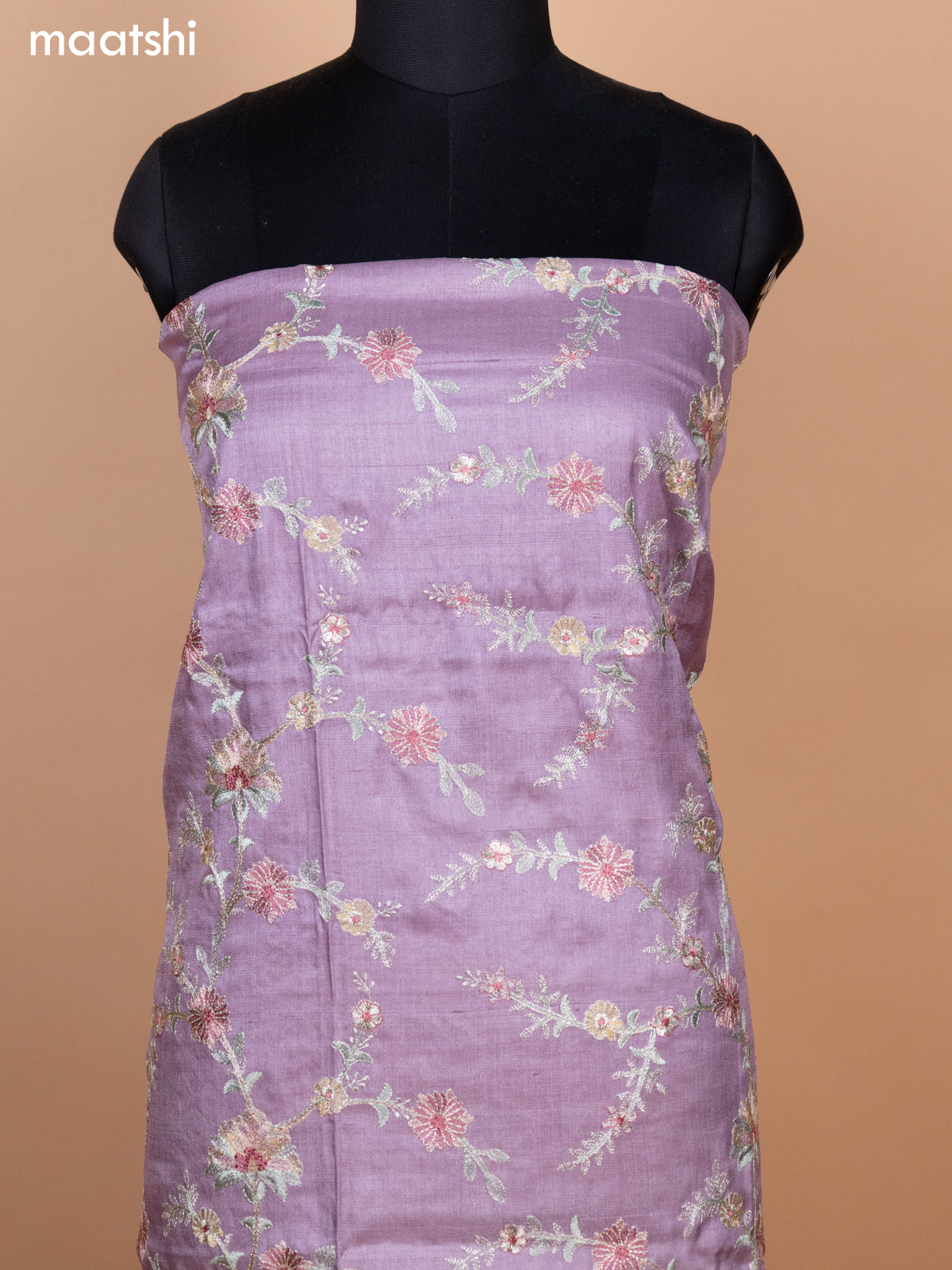 Pastel Lavender Pure Tussar Dress Material With Allover Floral Embroidery Work