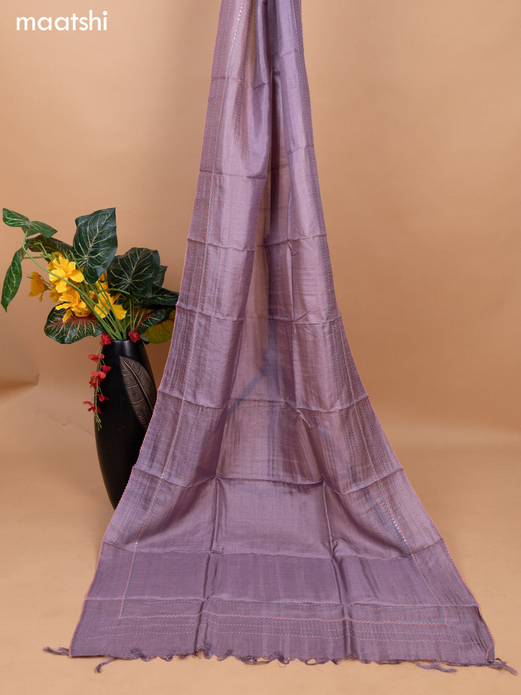 Pastel Lavender Pure Tussar Dress Material With Allover Floral Embroidery Work