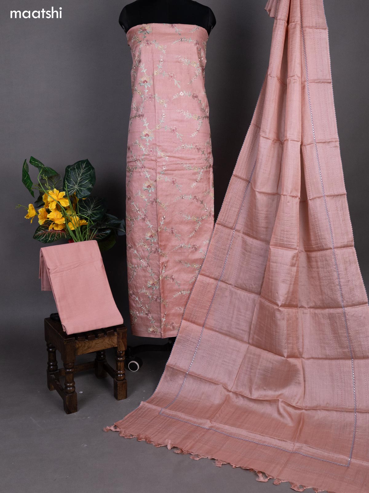 Peach Shade Pure Tussar Dress Material With Allover Floral Embroidery Work