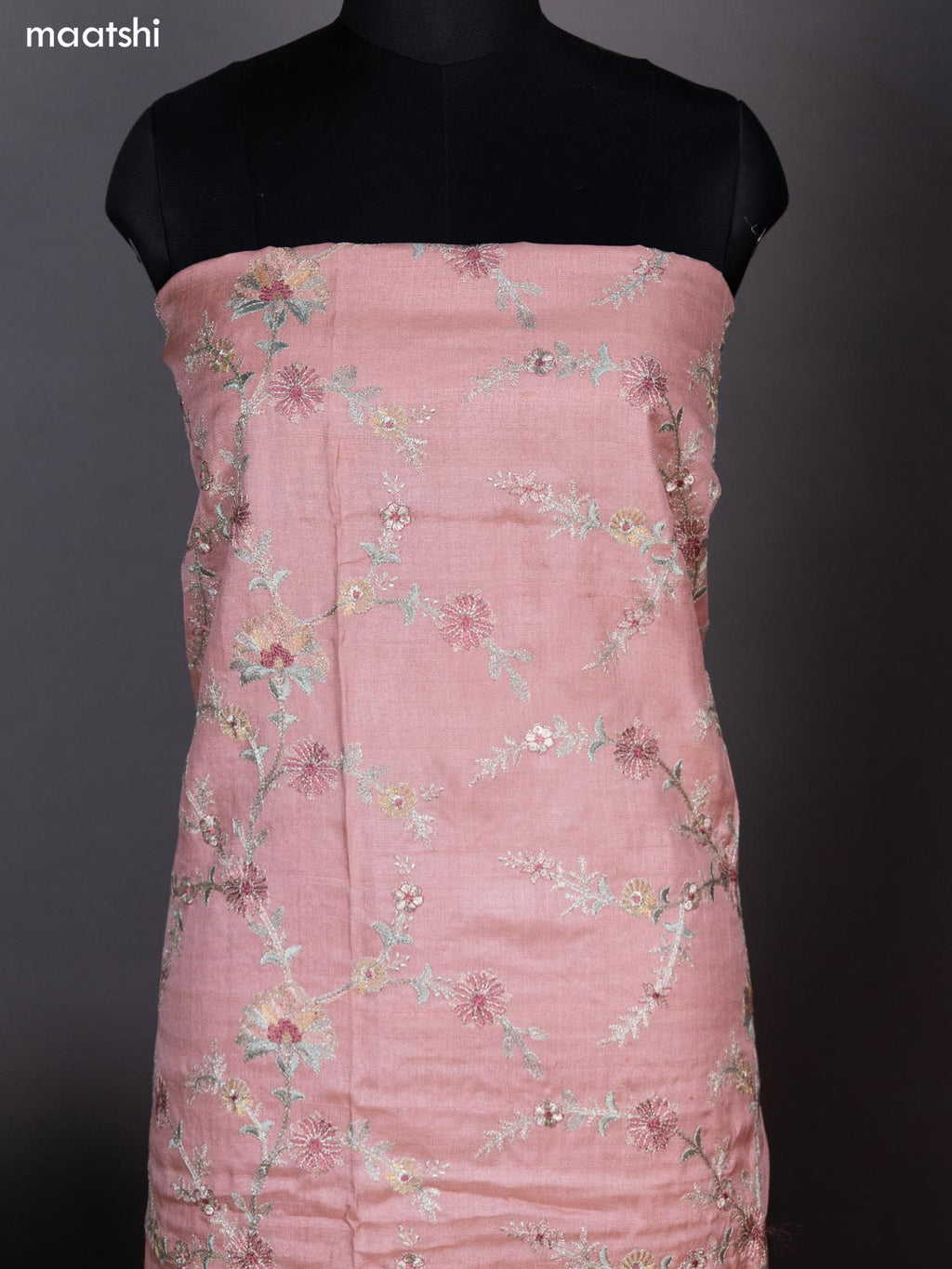 Peach Shade Pure Tussar Dress Material With Allover Floral Embroidery Work
