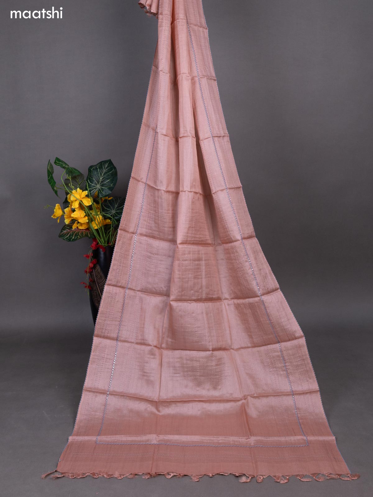 Peach Shade Pure Tussar Dress Material With Allover Floral Embroidery Work