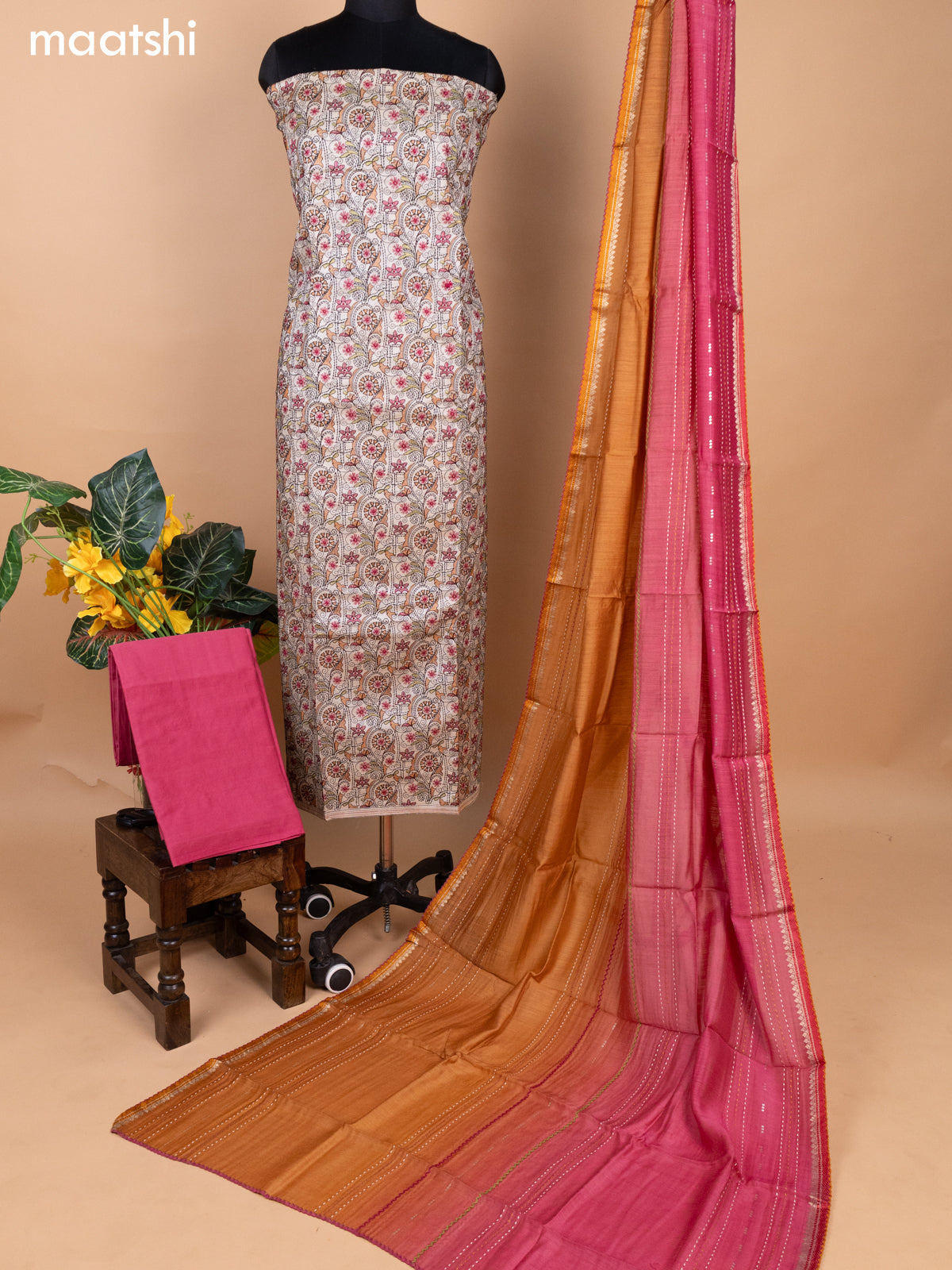 Cream and Pink Pure Tussar Dress Material With Allover Kantha Stitch Work