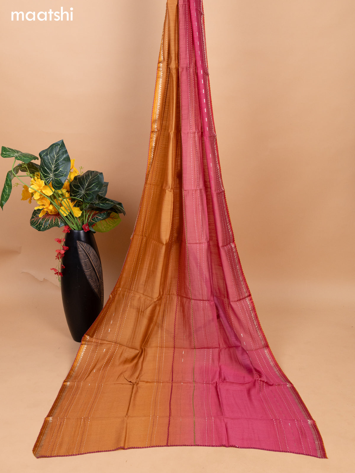 Cream and Pink Pure Tussar Dress Material With Allover Kantha Stitch Work