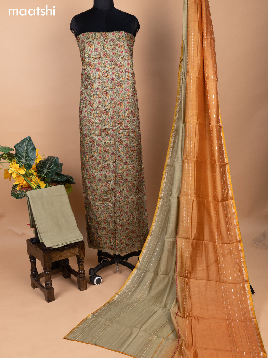 Pastel Green and Sandal Pure Tussar Dress Material With Allover Kantha Stitch Work