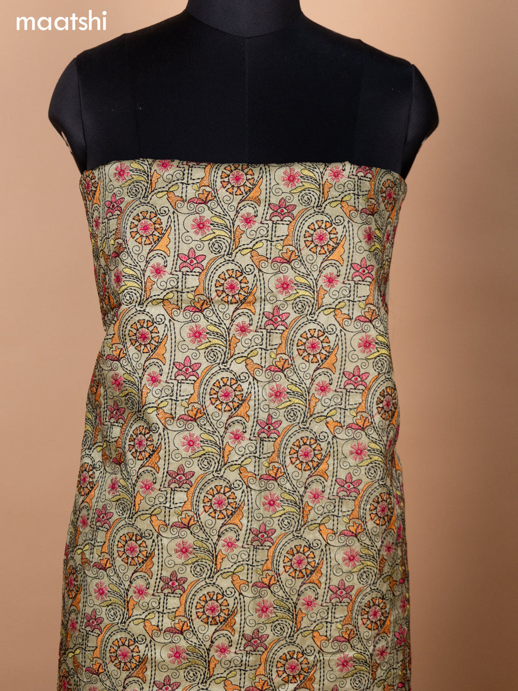 Pastel Green and Sandal Pure Tussar Dress Material With Allover Kantha Stitch Work