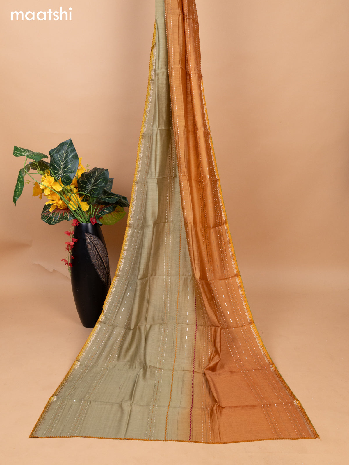 Pastel Green and Sandal Pure Tussar Dress Material With Allover Kantha Stitch Work