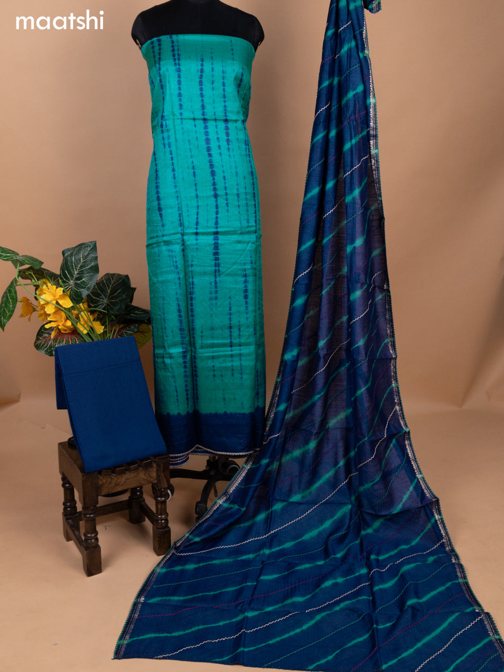 Teal Blue and Peacock Blue Pure Tussar Dress Material With Allover Tei & Dye Prints