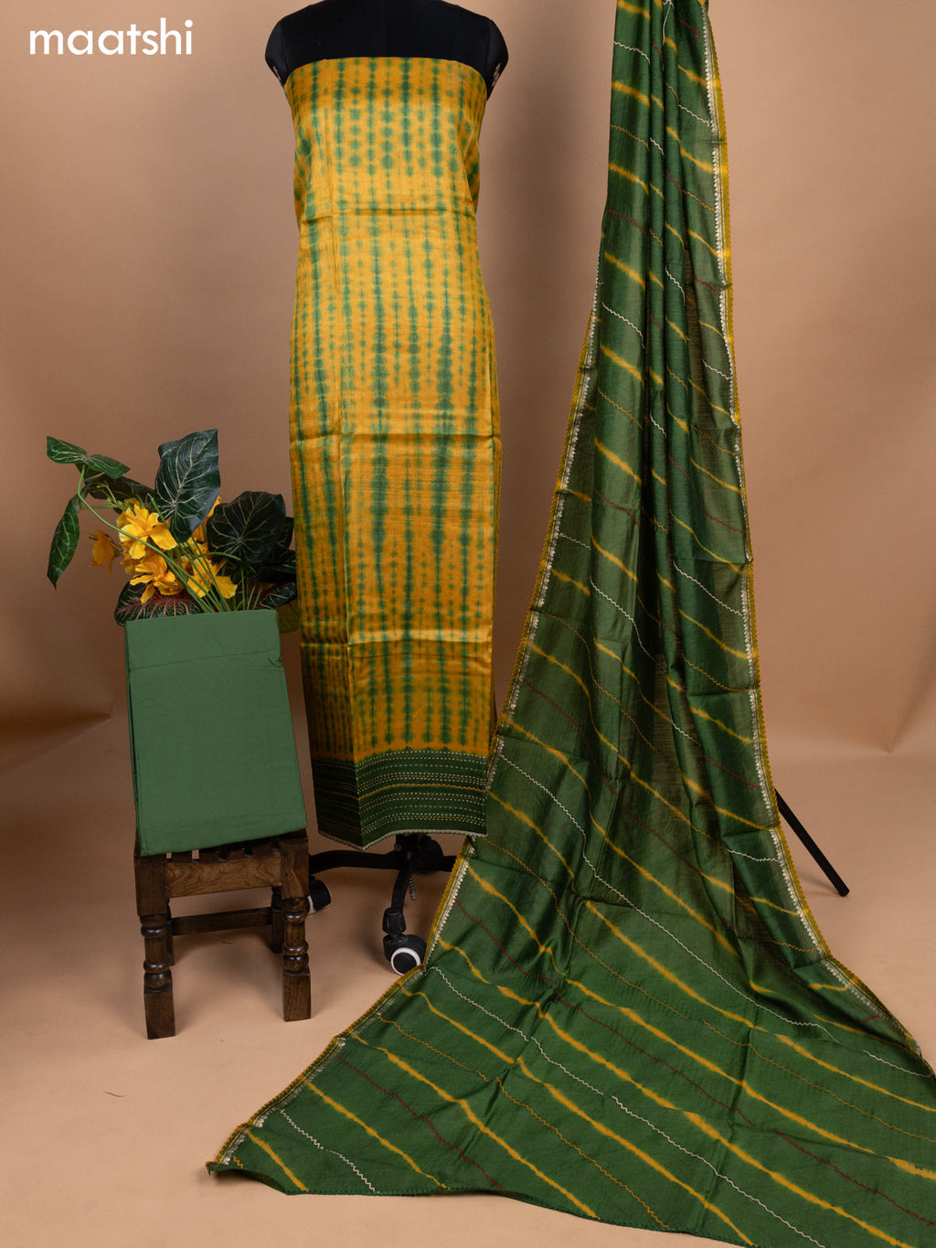 Mustard Yellow and Sap Green Pure Tussar Dress Material With Allover Tei & Dye Prints