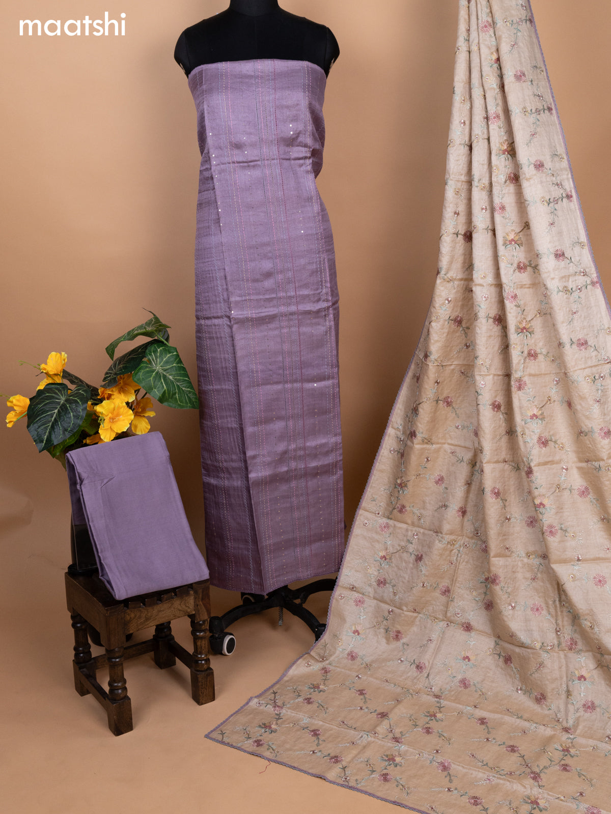 Pastel Purple and Beige Pure Tussar Dress Material With Allover Sequin & Kantha Stitch Work