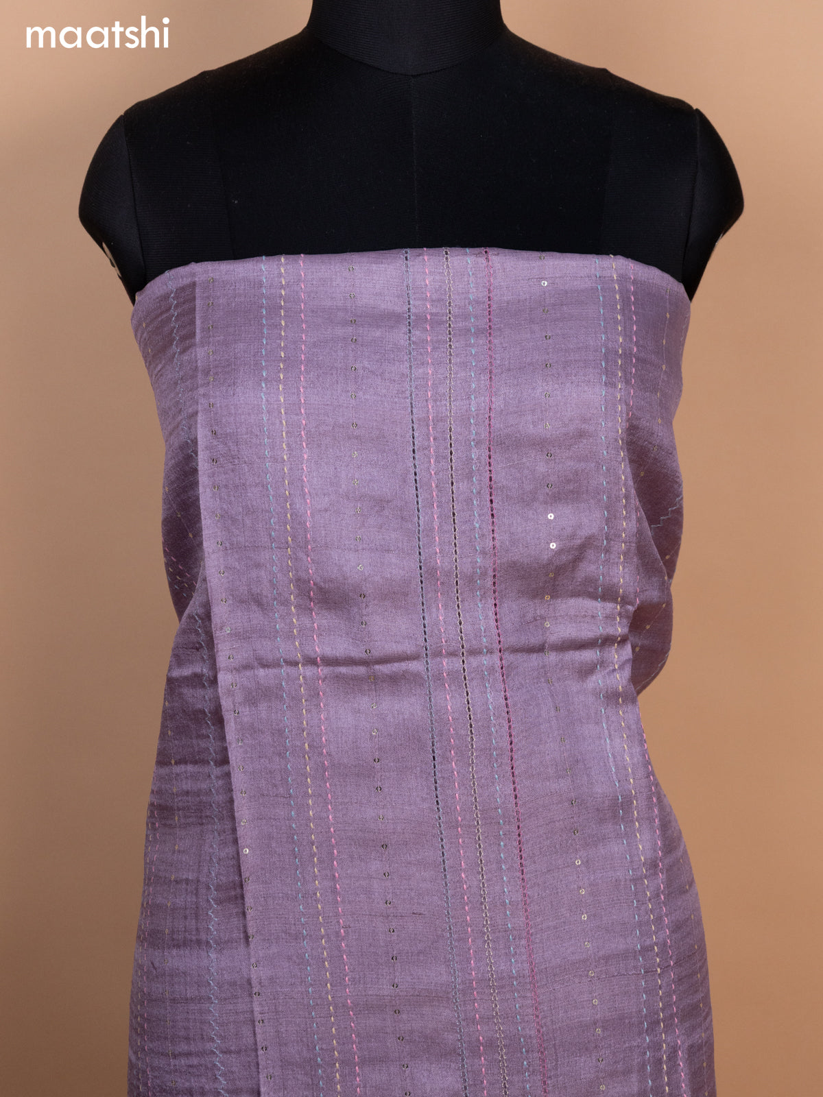 Pastel Purple and Beige Pure Tussar Dress Material With Allover Sequin & Kantha Stitch Work