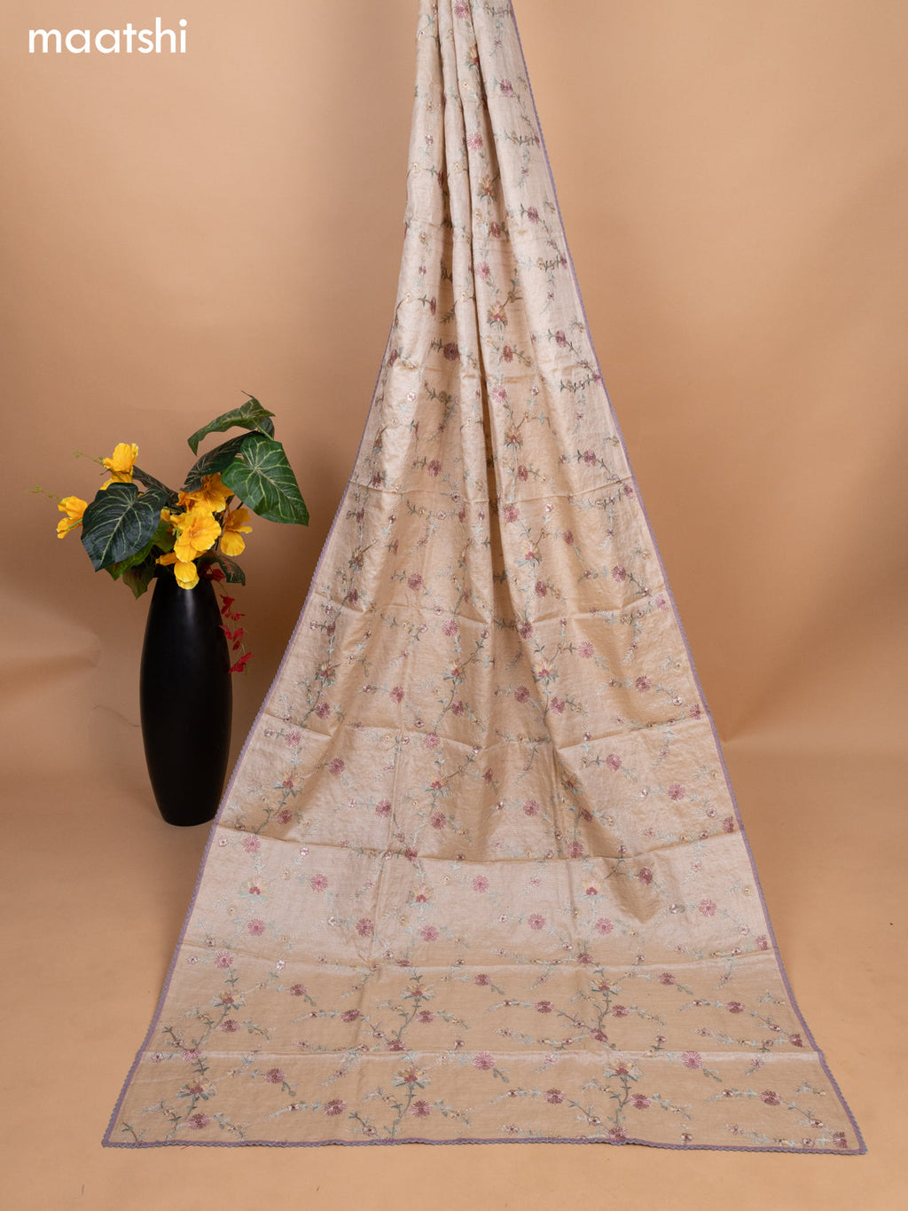 Pastel Purple and Beige Pure Tussar Dress Material With Allover Sequin & Kantha Stitch Work