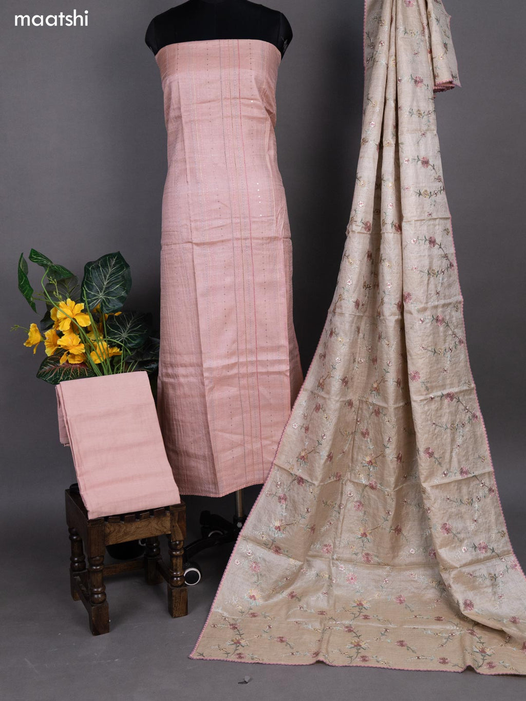 Peach Shade and Beige Pure Tussar Dress Material With Allover Sequin & Kantha Stitch Work