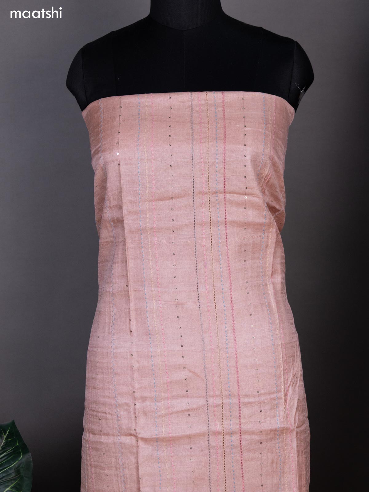 Peach Shade and Beige Pure Tussar Dress Material With Allover Sequin & Kantha Stitch Work