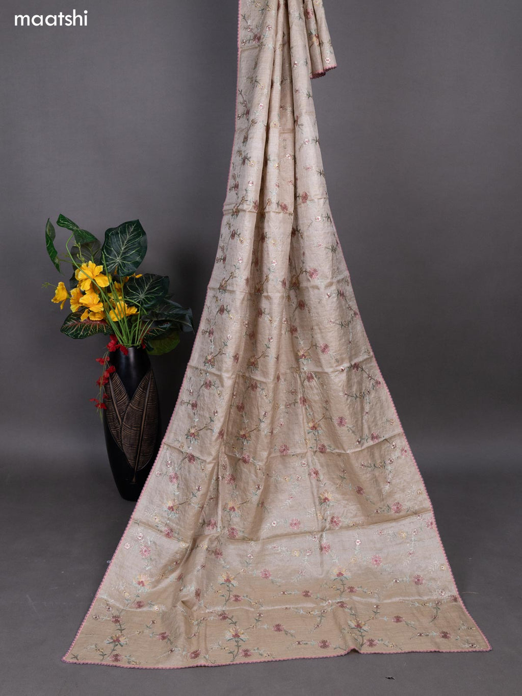 Peach Shade and Beige Pure Tussar Dress Material With Allover Sequin & Kantha Stitch Work