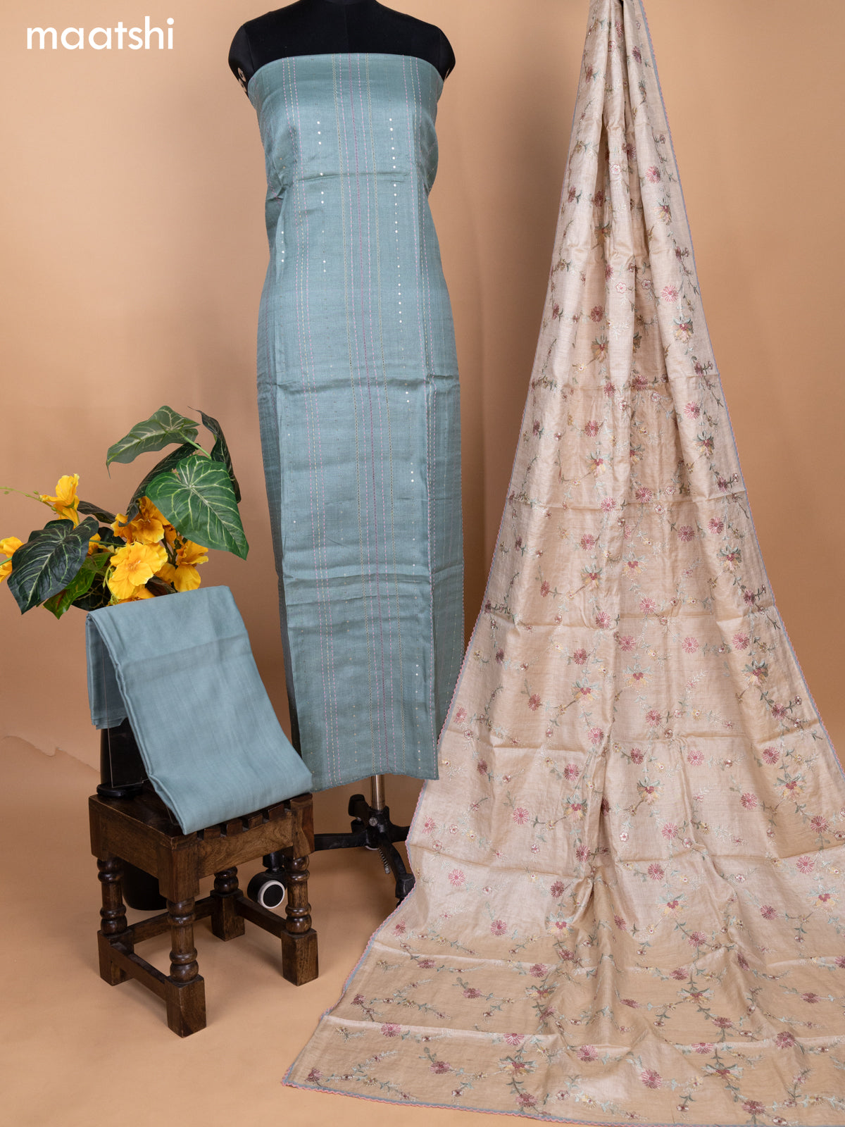 Pastel Green Shade and Beige Pure Tussar Dress Material With Allover Sequin & Kantha Stitch Work