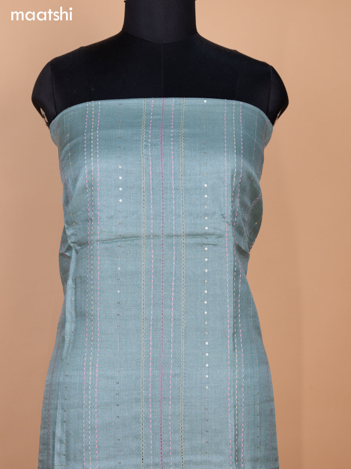 Pastel Green Shade and Beige Pure Tussar Dress Material With Allover Sequin & Kantha Stitch Work