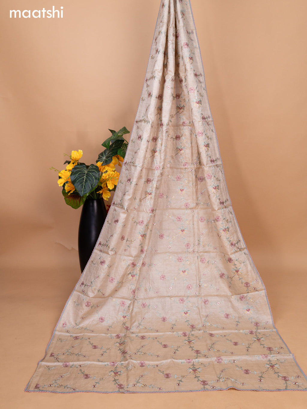 Pastel Green Shade and Beige Pure Tussar Dress Material With Allover Sequin & Kantha Stitch Work