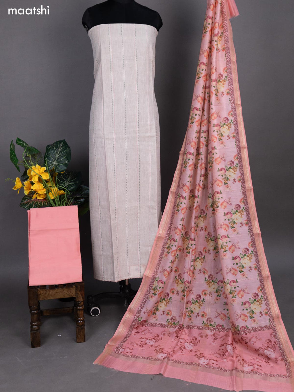 Beige and Peach Pink Linen Cotton Dress Material With Kantha Stitch Work