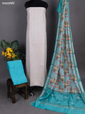 Beige and Teal Shade Linen Cotton Dress Material With Kantha Stitch Work