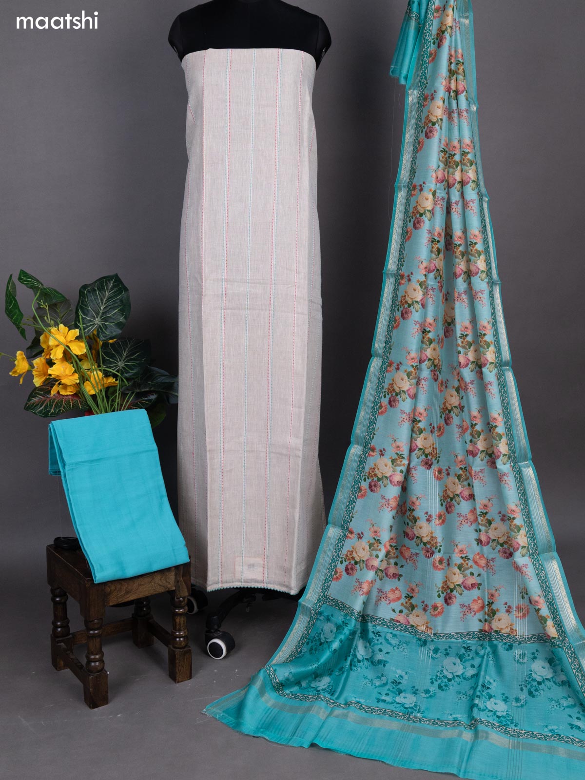 Beige and Teal Shade Linen Cotton Dress Material With Kantha Stitch Work