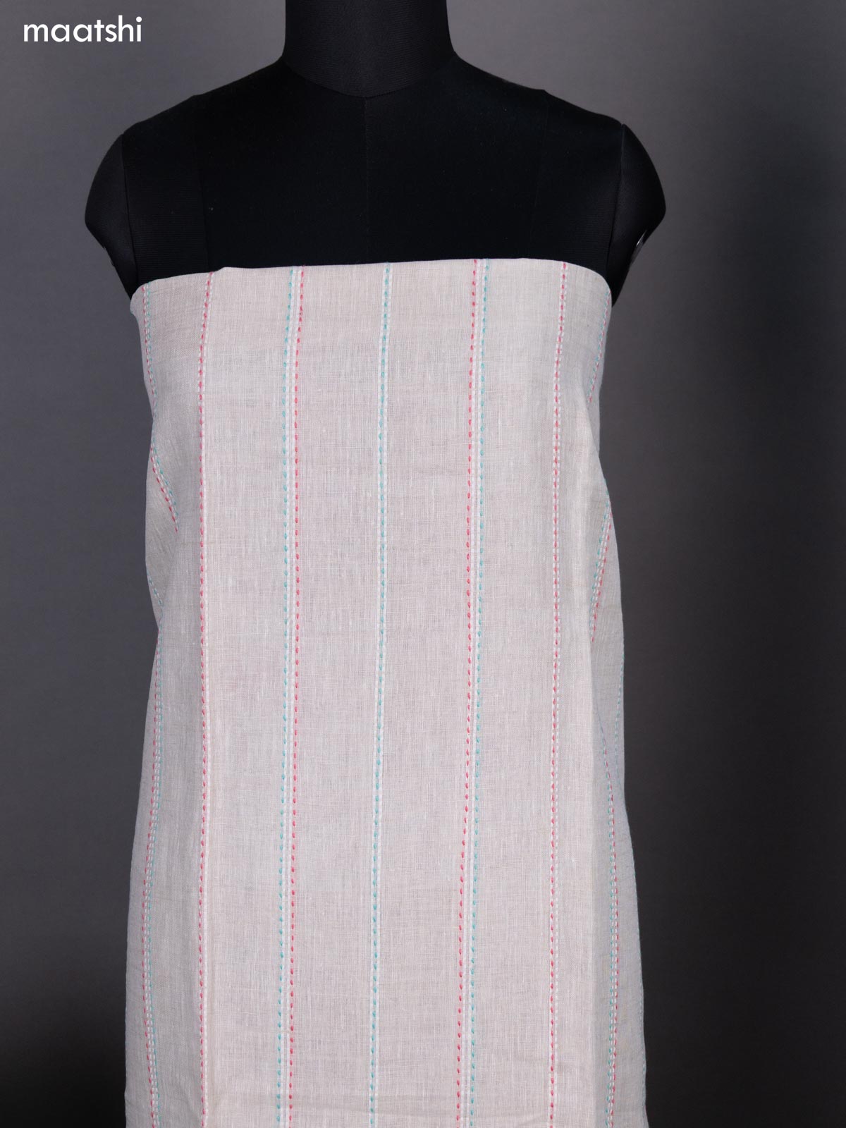 Beige and Teal Shade Linen Cotton Dress Material With Kantha Stitch Work