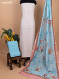 Beige and Teal Blue Linen Cotton Dress Material With Kantha Stitch Work