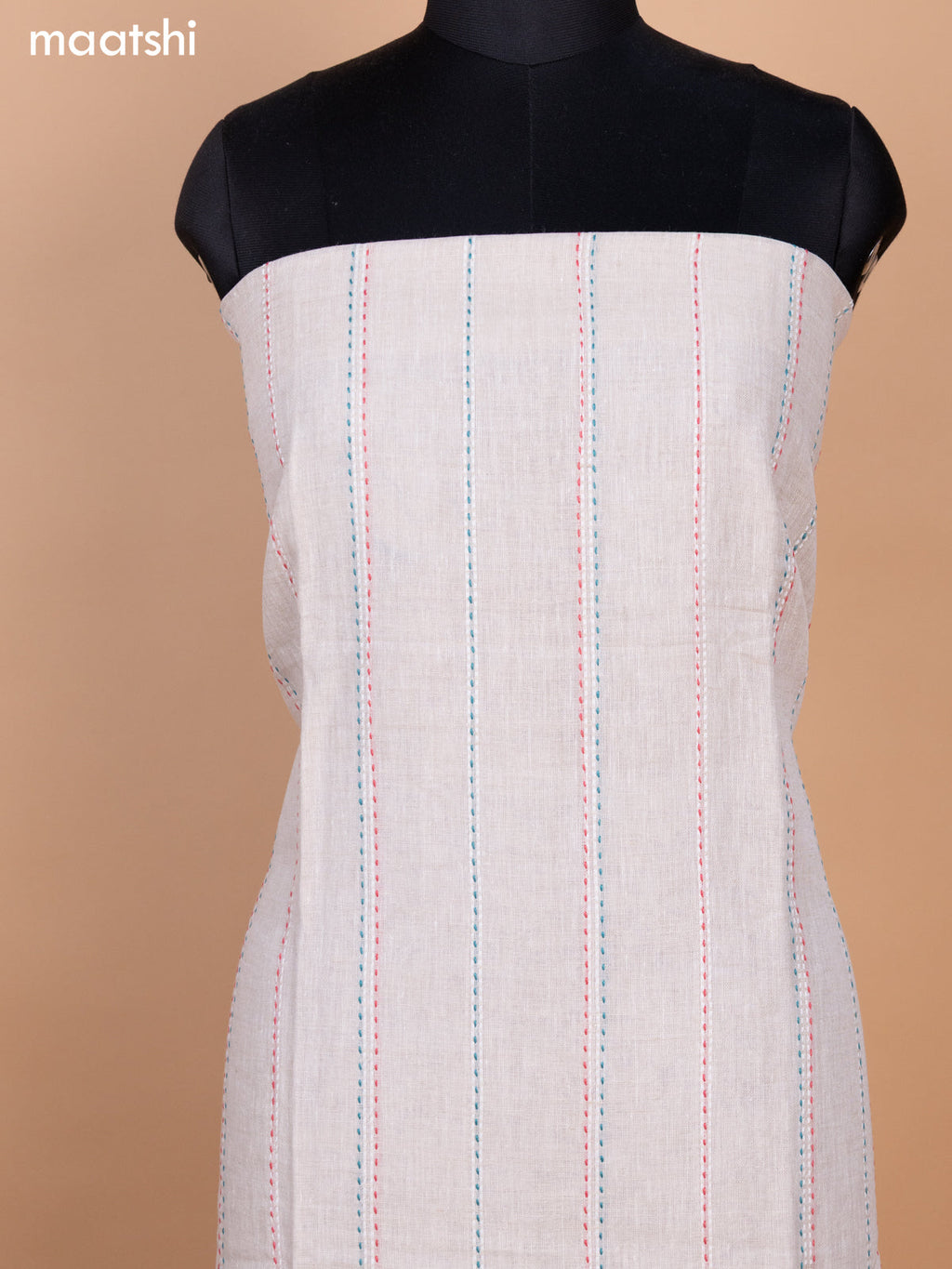 Beige and Teal Blue Linen Cotton Dress Material With Kantha Stitch Work