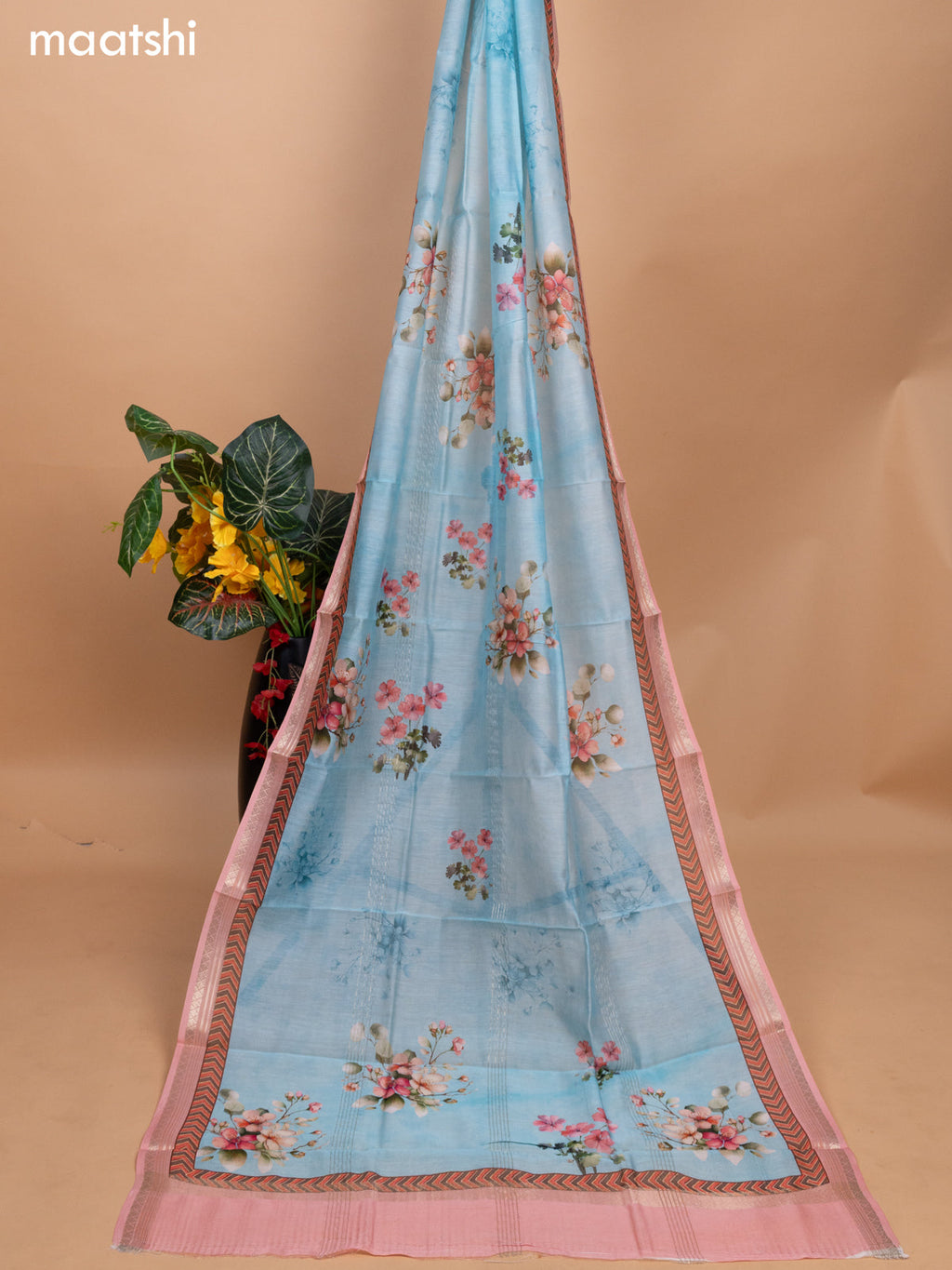 Beige and Teal Blue Linen Cotton Dress Material With Kantha Stitch Work