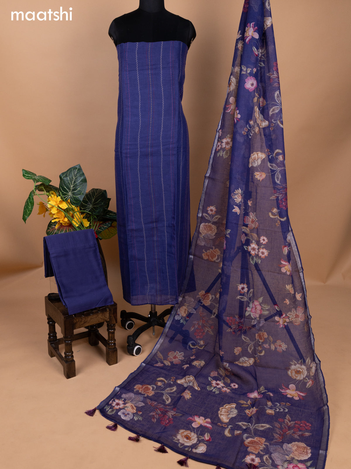 Violet Shade Linen Cotton Dress Material With Kantha Stitch Work