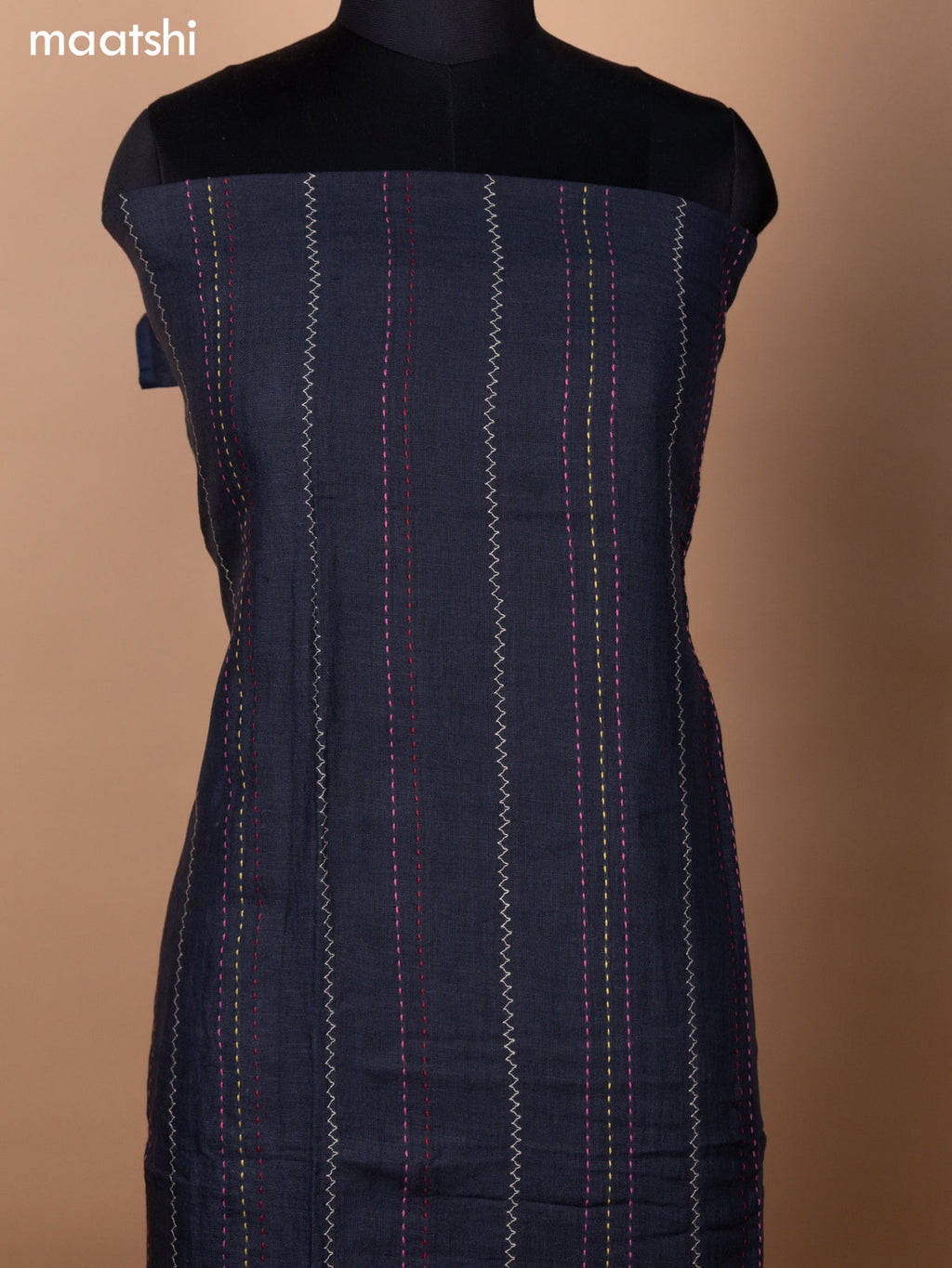 Black Linen Cotton Dress Material With Kantha Stitch Work