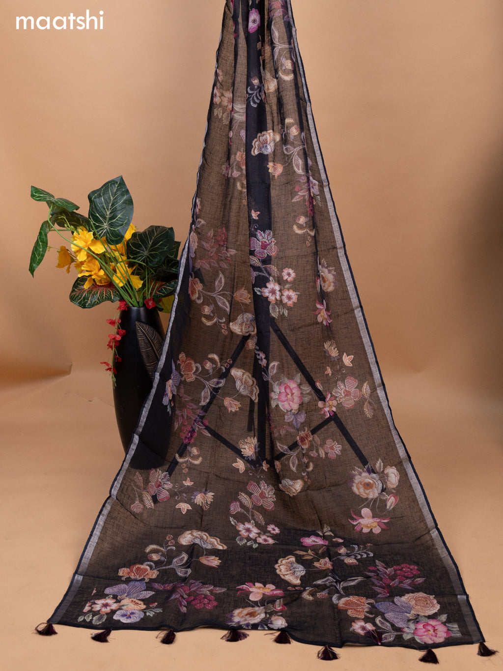 Black Linen Cotton Dress Material With Kantha Stitch Work