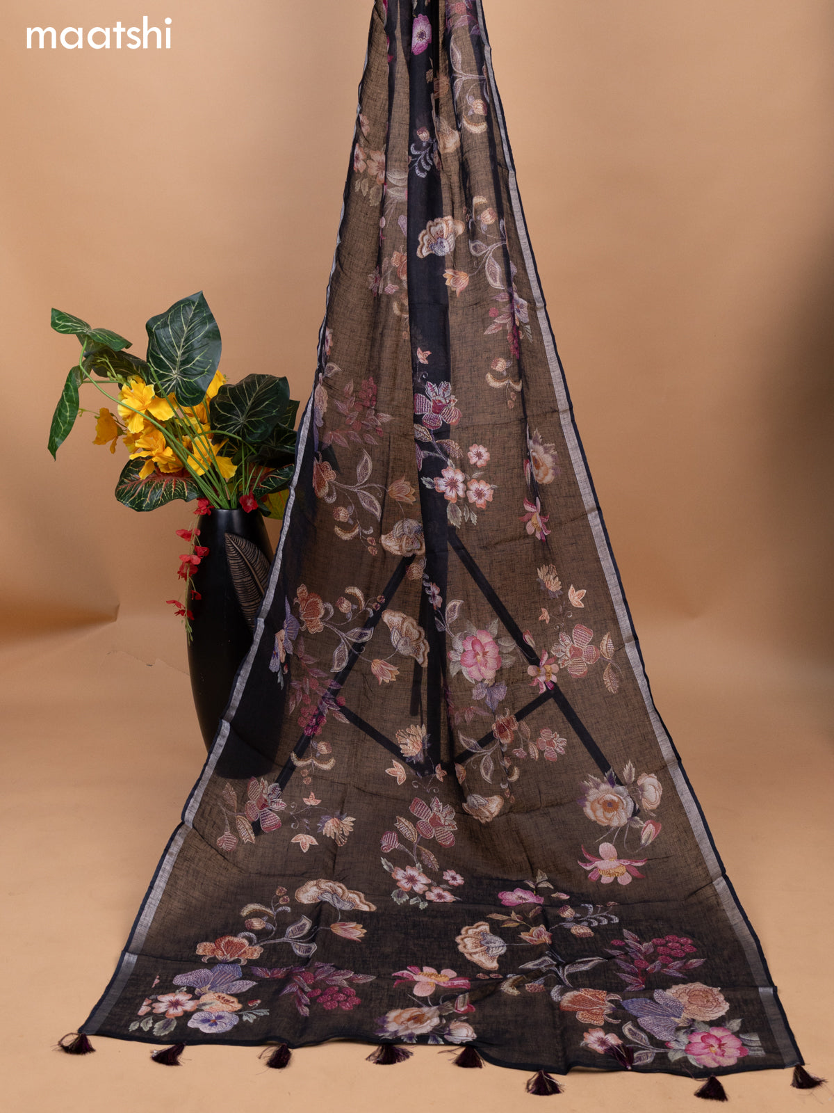 Black Linen Cotton Dress Material With Kantha Stitch Work