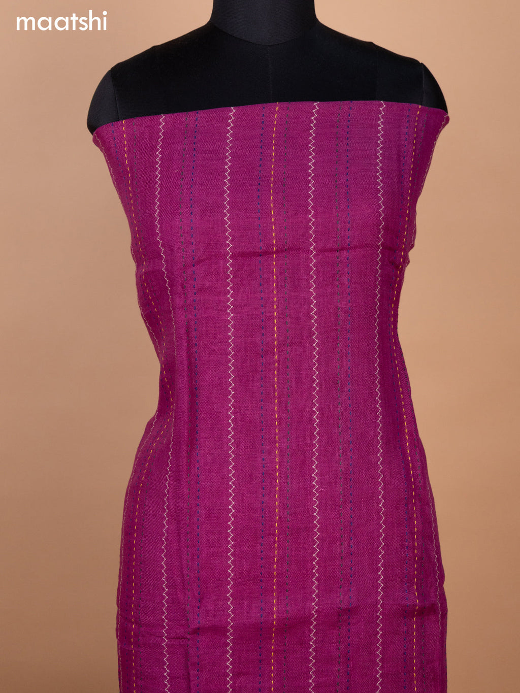 Purple Linen Cotton Dress Material With Kantha Stitch Work