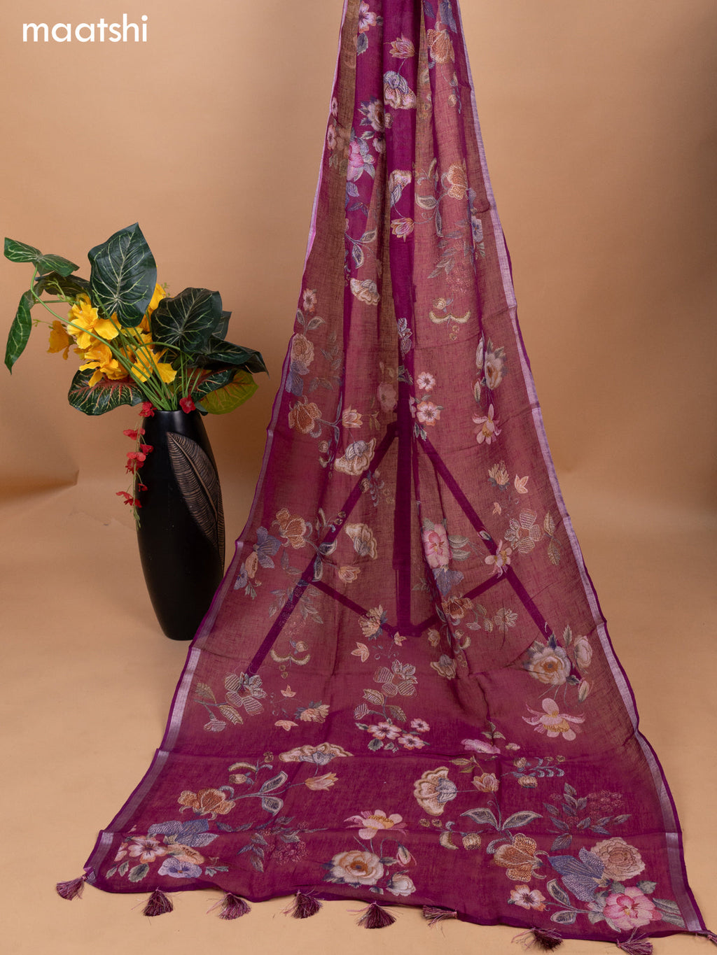 Purple Linen Cotton Dress Material With Kantha Stitch Work