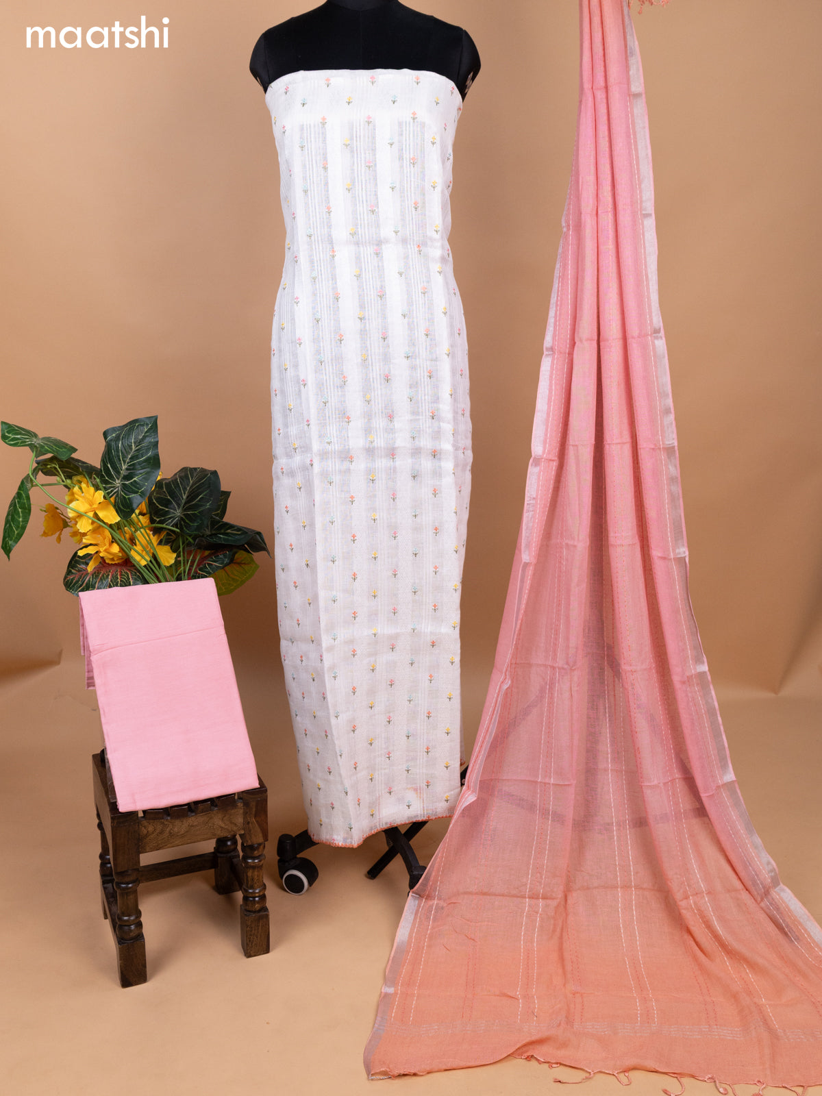 Off White and Peach Pink Linen Cotton Dress Material With Embroidery Work