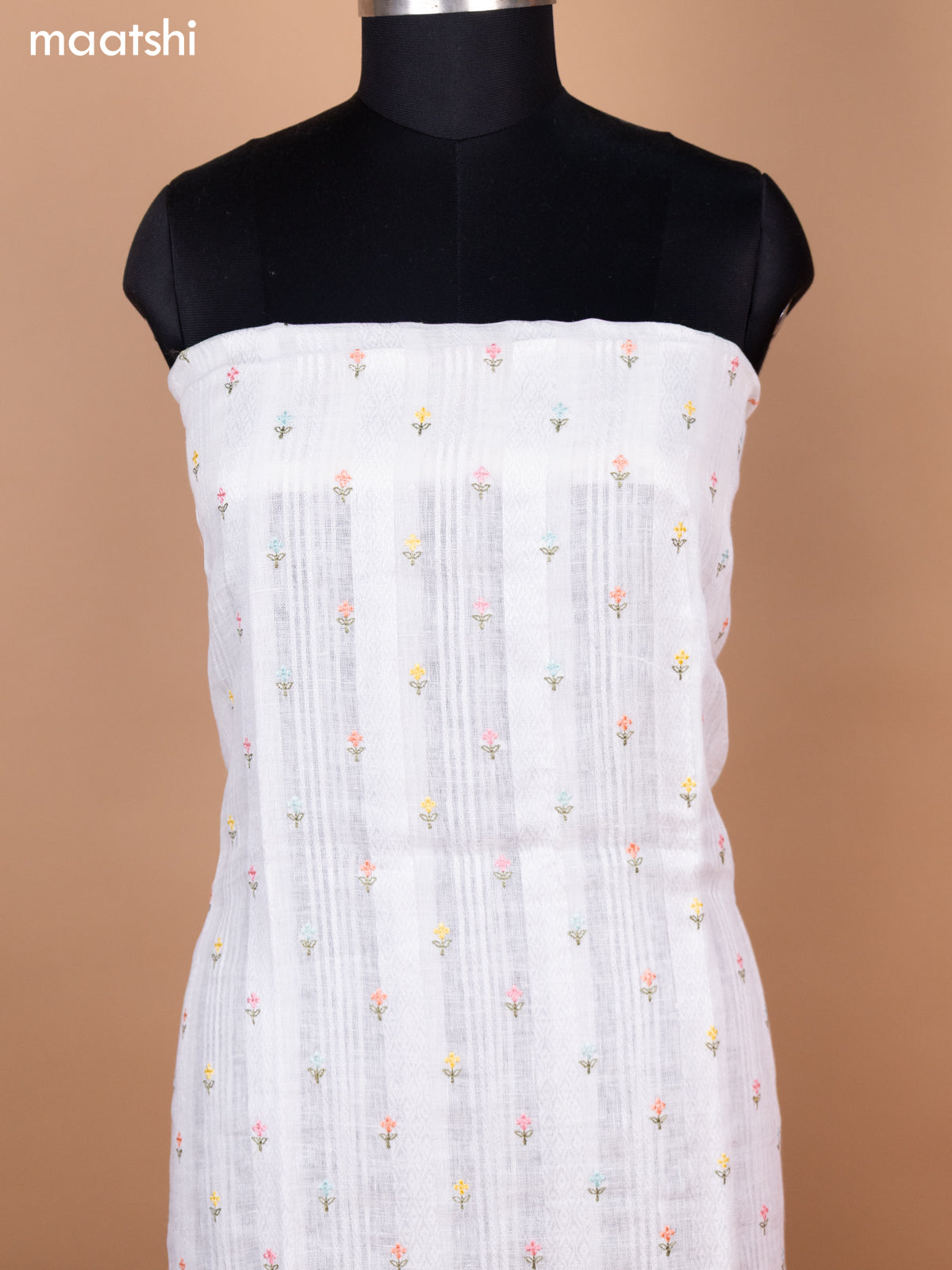 Off White and Peach Pink Linen Cotton Dress Material With Embroidery Work
