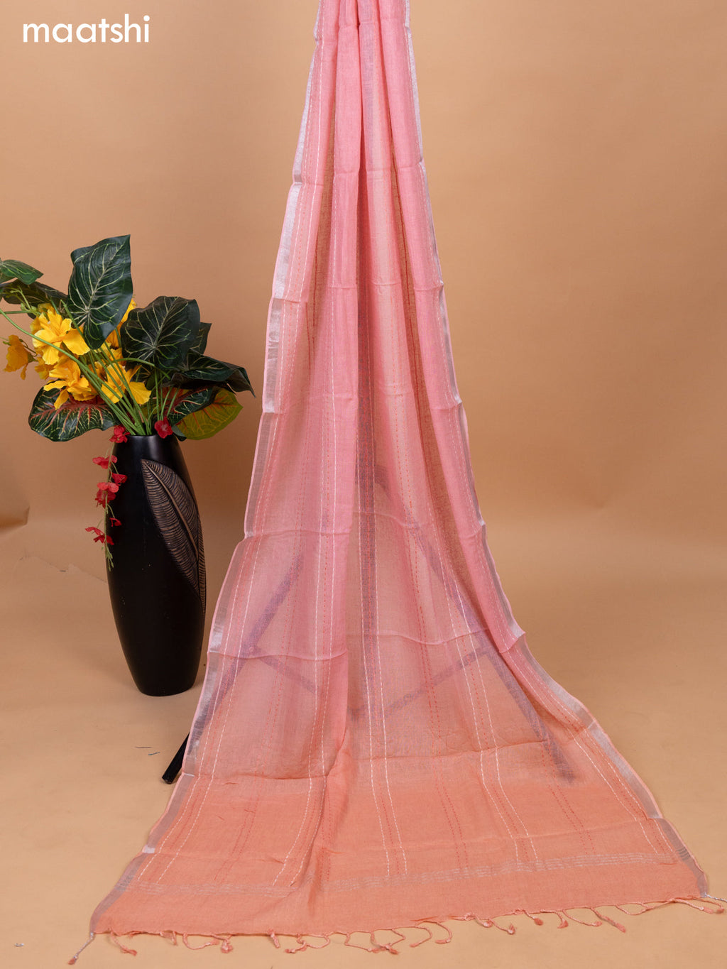 Off White and Peach Pink Linen Cotton Dress Material With Embroidery Work