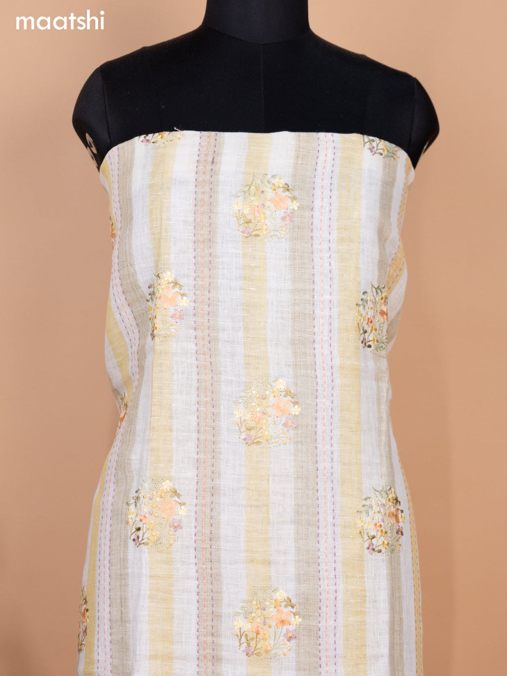 Off White and Elaichi Green Linen Cotton Dress Material With Embroidery Buttas & Kantha Stitch Work