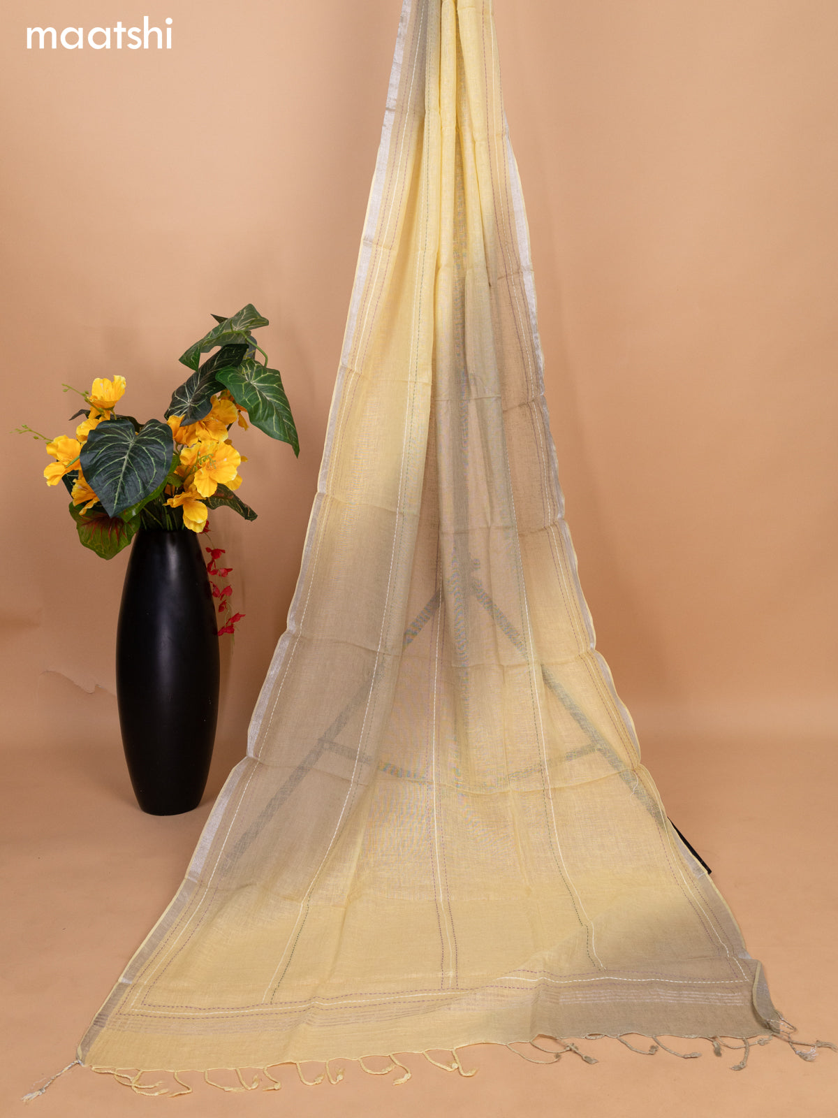 Off White and Elaichi Green Linen Cotton Dress Material With Embroidery Buttas & Kantha Stitch Work