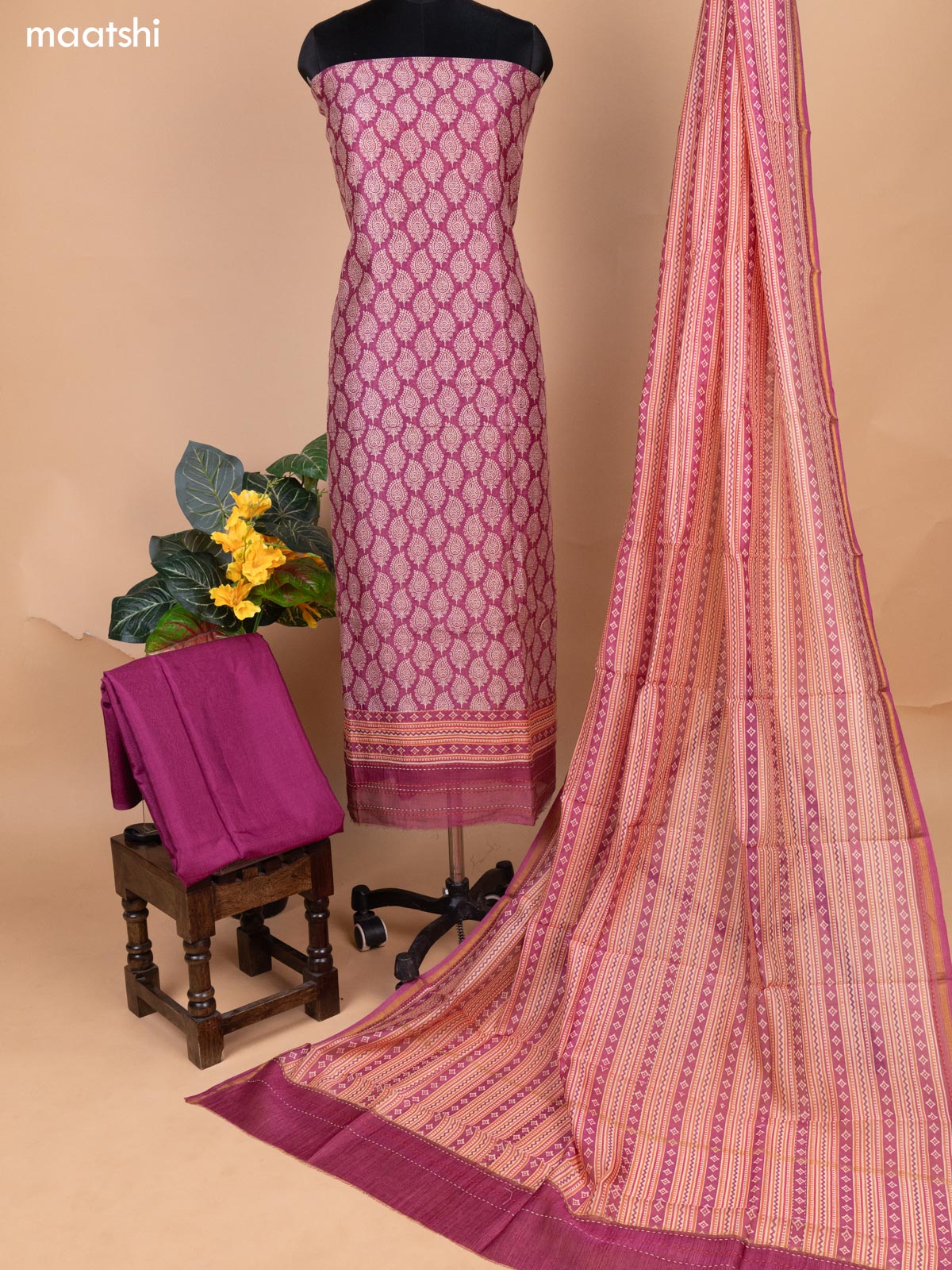Magenta Pink Shade Chanderi Dress Material With Allover Butta Prints & Kantha Stich Work