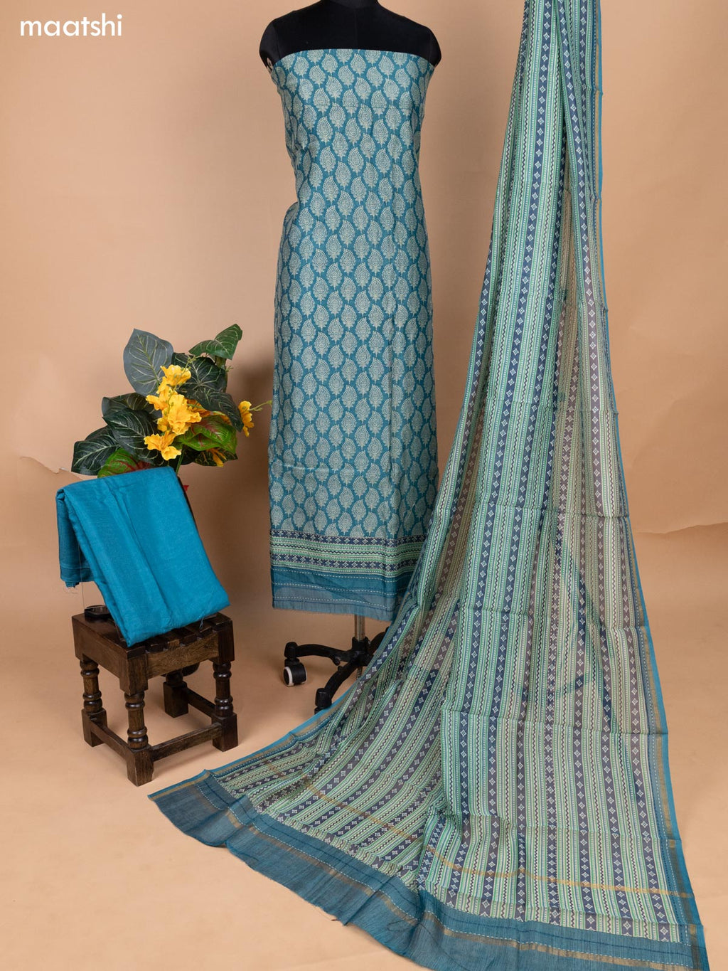 Teal Blue Chanderi Dress Material With Allover Butta Prints & Kantha Stich Work