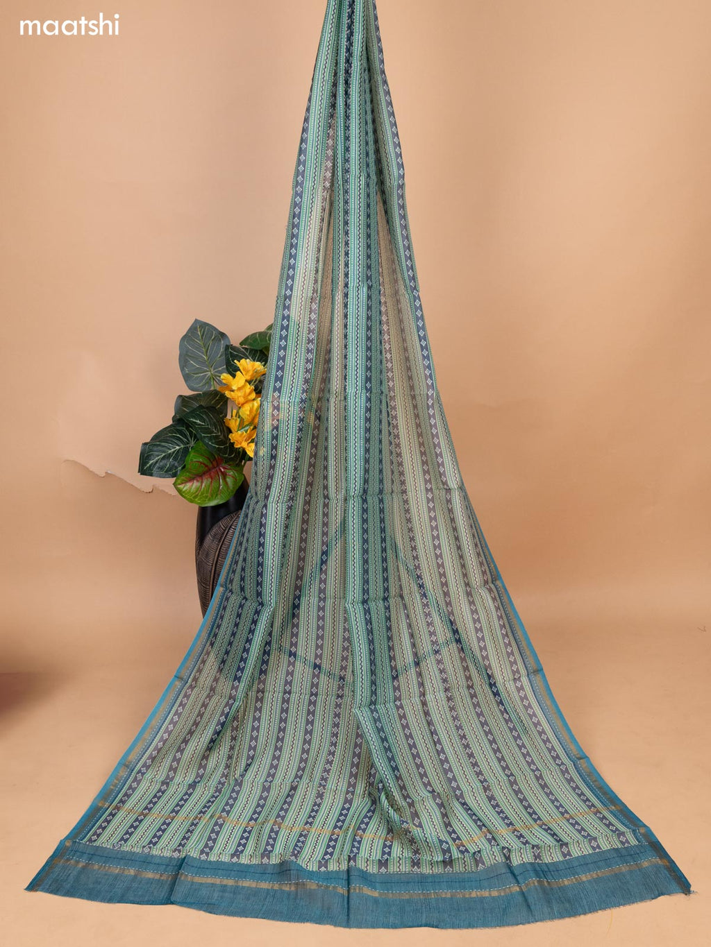 Teal Blue Chanderi Dress Material With Allover Butta Prints & Kantha Stich Work