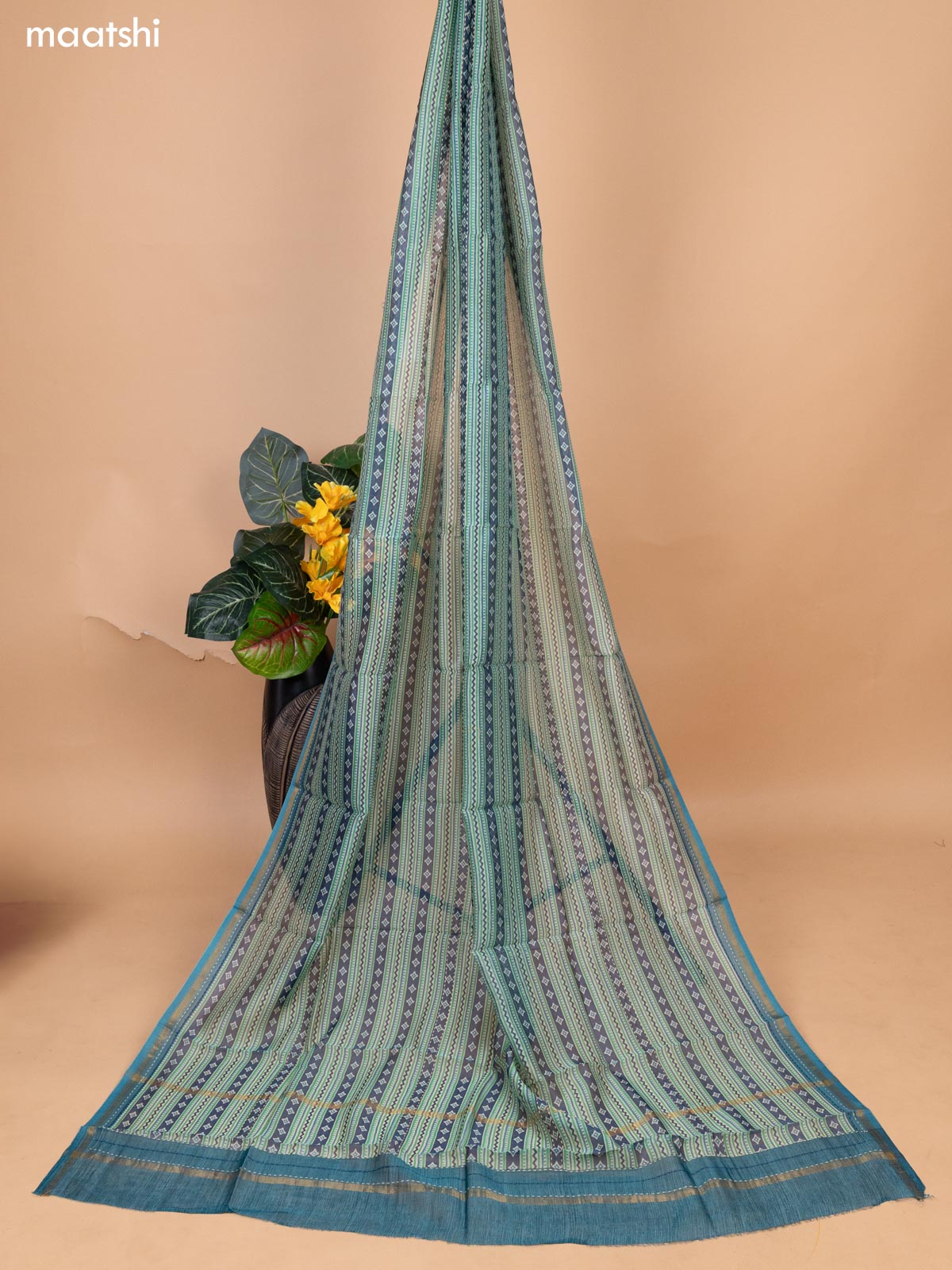 Teal Blue Chanderi Dress Material With Allover Butta Prints & Kantha Stich Work