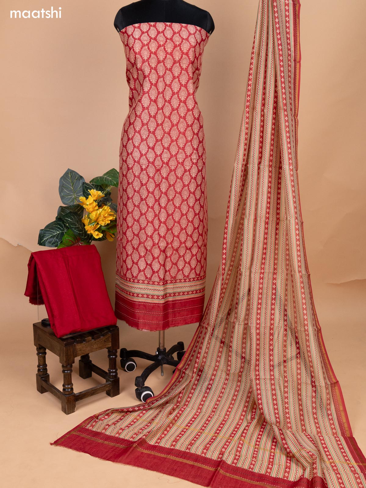 Red Chanderi Dress Material With Allover Butta Prints & Kantha Stich Work