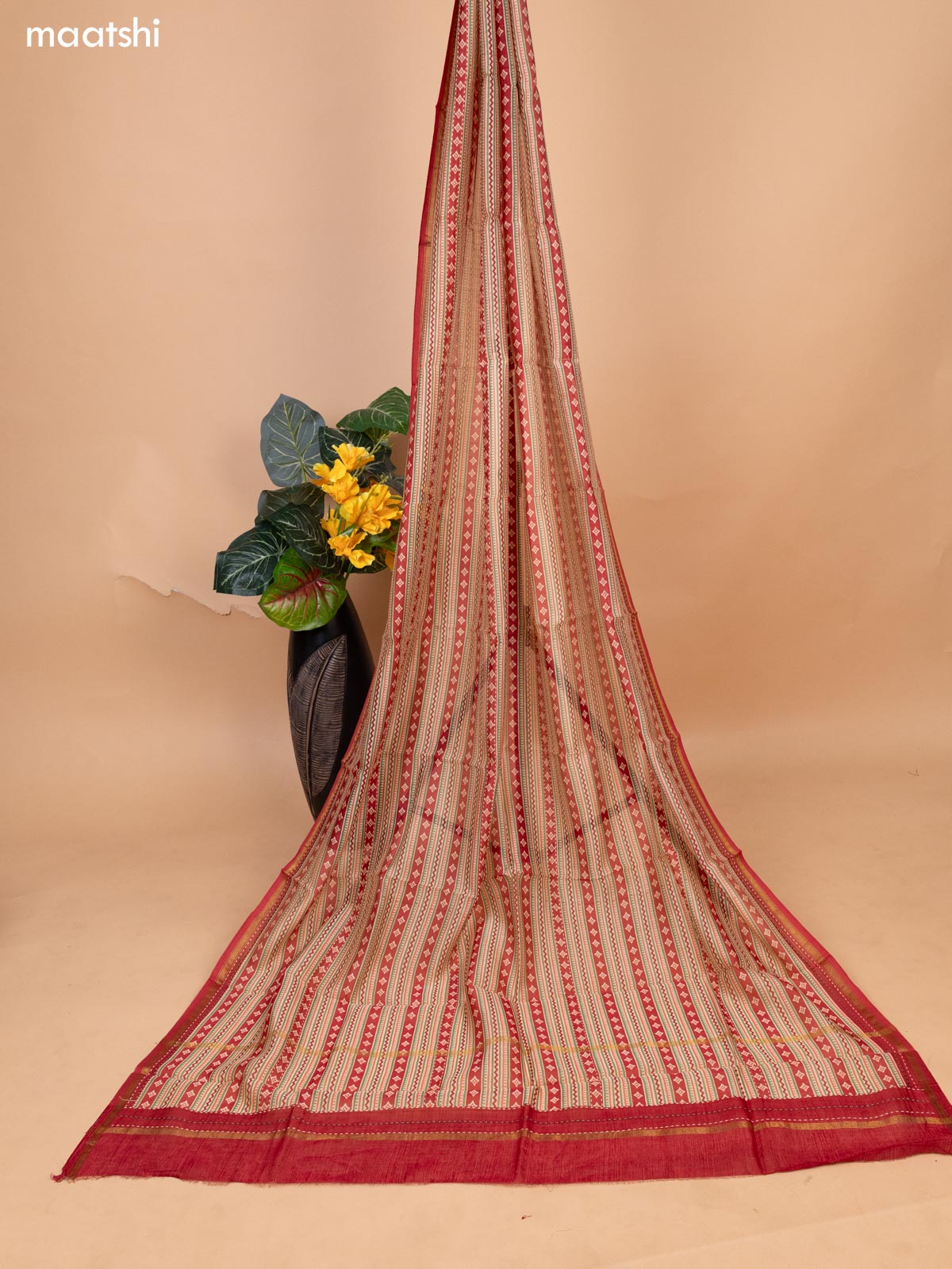 Red Chanderi Dress Material With Allover Butta Prints & Kantha Stich Work