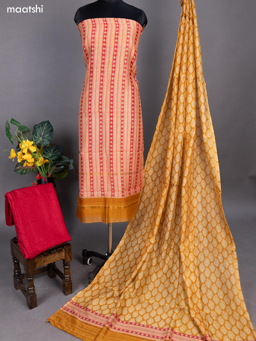 Mustard Yellow Chanderi Dress Material With Allover Butta Prints & Kantha Stich Work