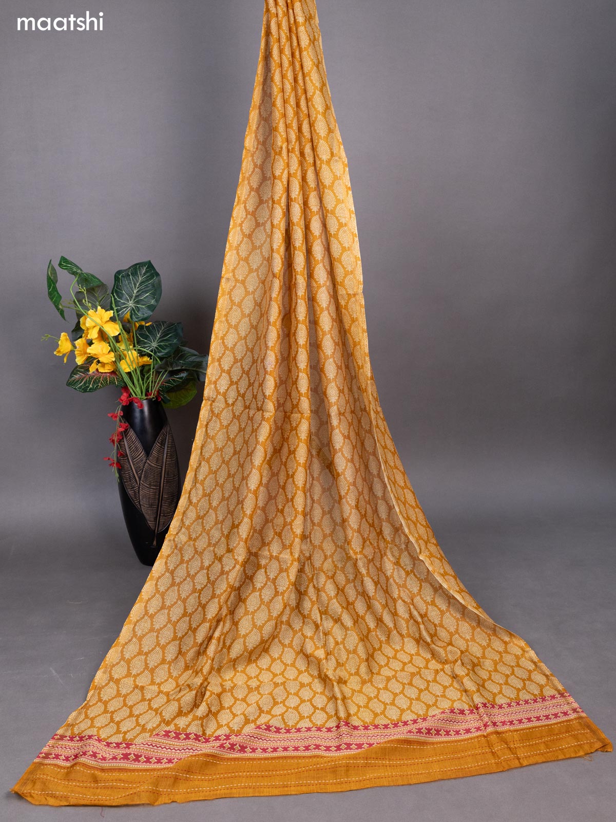 Mustard Yellow Chanderi Dress Material With Allover Butta Prints & Kantha Stich Work